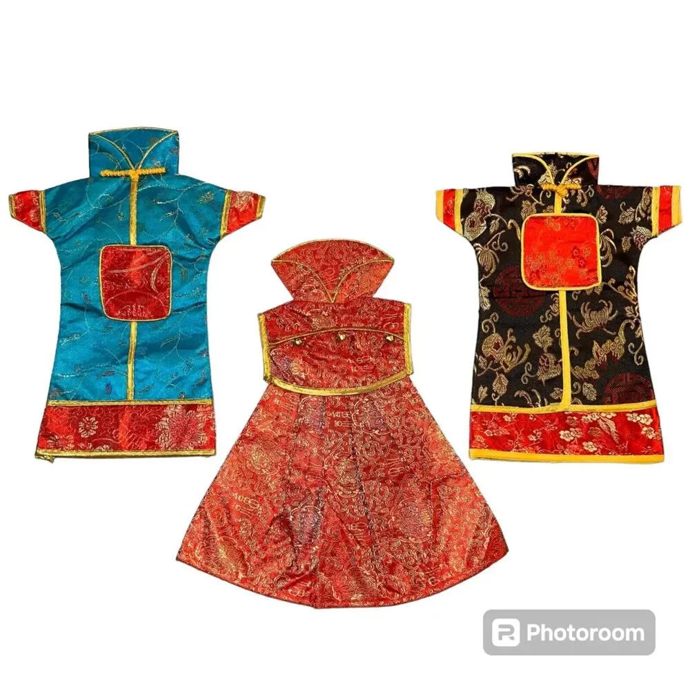 Chinese Asian Kimono Wine Bottle Covers Set of 3 Oriental Dress Brocade Decor
